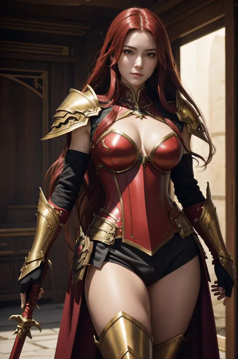 8K,Close-up of a goddess with a sacred sword, gorgeous big chest chest armor, Super beauty(Like the real thing)Goddess of battle,slender body,Muscular macho,A charming smile,Has a large and luxurious holy sword,beautiful long red hair,strongly cracked abdo...