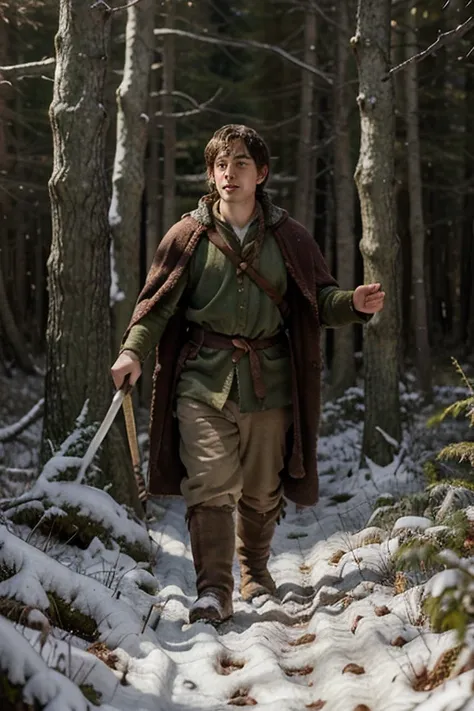 hobbit Frodo ((in the winter forest )) with a golden ring