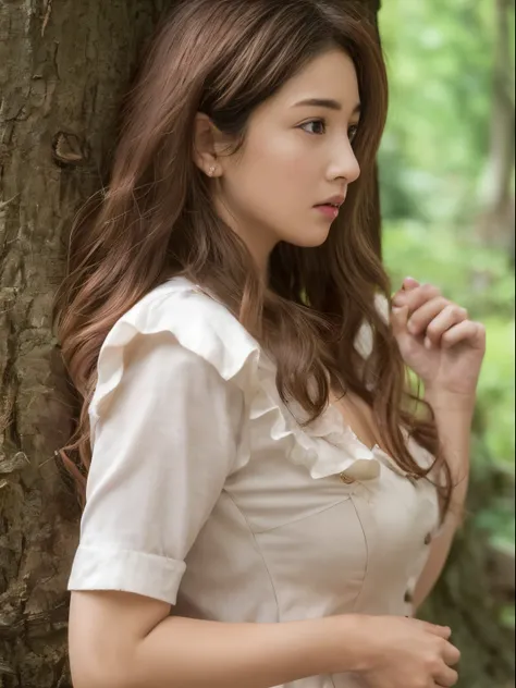 Farm Girl，in woods，(clinging to the tree:1.3)，(Being touched by men:1.5)，(Being stroked in the crotch of a man:1.1)，(Seen from the side)， （（（tmasterpiece）））， （（best qualtiy））， （（intricate detailes））， （（Ultra-realistic realism））， Ridiculous resolution， A MI...