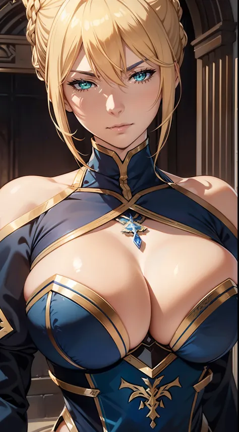 (Artoria Pendragon (Lancer) from fate/grand order), adult female, elegant, braided bun, blonde, brown eyebrows, green eyes, curvaceous, large breasts, bare shoulders, cleavage cutout, close-up portrait, high resolution, extremely detail 8k cg.