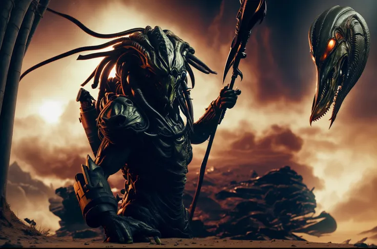 um close de uma pessoa segurando uma foice em um campo, predator alien, O Predador, Alien warrior, predador, alien vs predator, aliens vs predator, apex predator, Como guerreiros reptilianos atlantes, CGSetnation ), filme predador, cgsociedade inspirada, V...