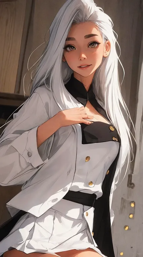 ((tmasterpiece, Best quality at best)), (1个Giant Breast Girl), (Alone), (female focus), (ahoge, White hair, Very long hair), gold eyes, clear smile, with her mouth open, ((white  shirt), (button- shirt), (Clearance button)), ((Black dress), (short  skirt))...