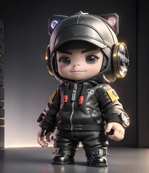 ((masterpiece, bestquality)),(Complex lighting),,bara, smile, Black eyes, Black Hair, 3D Toys, 3D rendering of, IP Address, Cyberpunk Style, Tshibi, Cute little boy, Chibi Style, 4 years old, headgear, White background, Full Body Esbian, male focus, boots,...