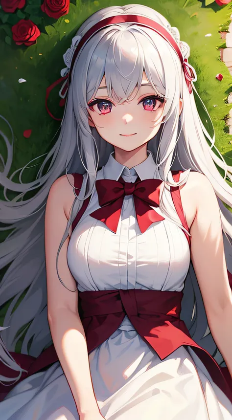 1girl, long silver hair, maroon eyes, smiling, looking at viewer, wearing white dress, headband on her head, bowtie, laying down, on grass, roses, masterpiece, 8K, perfect lighting, perfect clothes, perfect anatomy, perfect eyes, perfect face, sharp resolu...