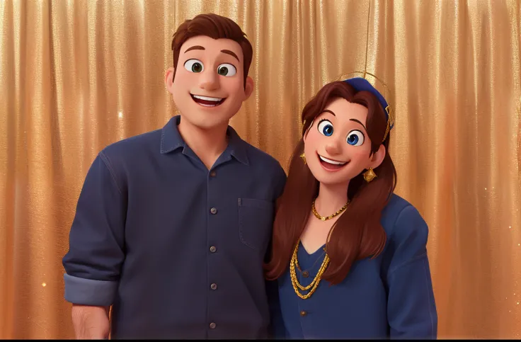 they are posing for a picture in front of a gold curtain. photo booth, happy couple. 3D pixar