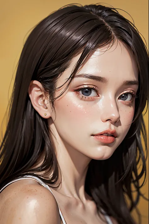Ultra HDR 16K,masterpiece ,20 year old woman with long hair ,Dark Theme Soft Color Soft Tone ,highly contrast ,(natural skin textures, Hyper-Realism,Crisp soft light ) yellow background , simple background,