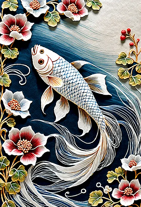 embroidery workulberry silk suzhou embroidery fighting fish workulberry silk bright silk thread, agile white tail and fins, lots...