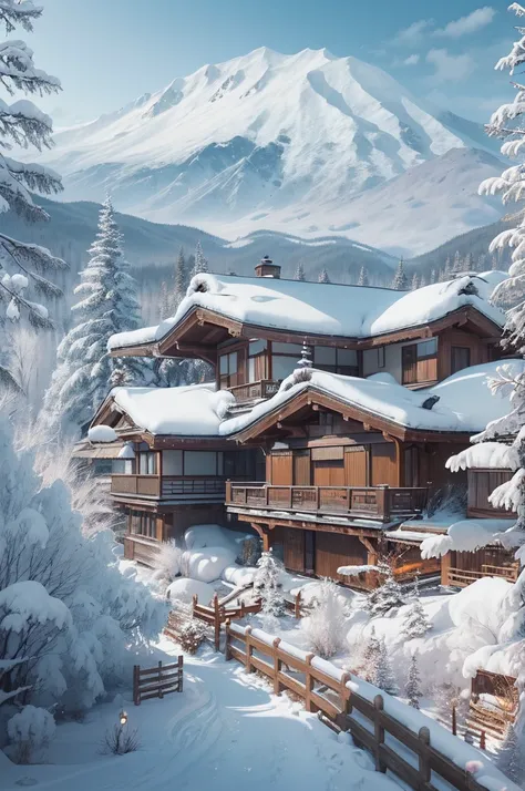 (Best Quality, 8K, masutepiece :1.3), snow mountains, Quiet snow-capped landscape, Breathtaking natural landscapes, Outside, traditional japanese building, quiet mountain resort, A quiet winter wonderland, Snow-covered peaks, Majestic beauty, pristine whit...