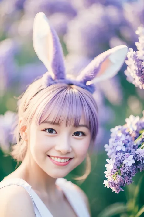 The background is blurry,pastel color background,Lavender color, hight resolution,Adorable lilac rabbit looking at the camera,Smiling,