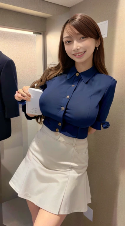 in 8K、超A high resolution、Best Quality、masuter piece、Photorealsitic、The ultra -The high-definition、(Colossal tits、rather large breasts、Hide all breasts、Toned body:1.18)(Always office lady、always wear a white shirt、Navy tight skirt and jacket、Office in a hig...