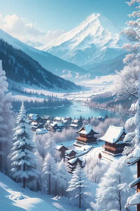 (Best Quality, 8K, masutepiece :1.3), snow mountains, Quiet snow-capped landscape, Breathtaking natural landscapes, Outside, traditional japanese building, quiet mountain resort, A quiet winter wonderland, Snow-covered peaks, Majestic beauty, pristine whit...