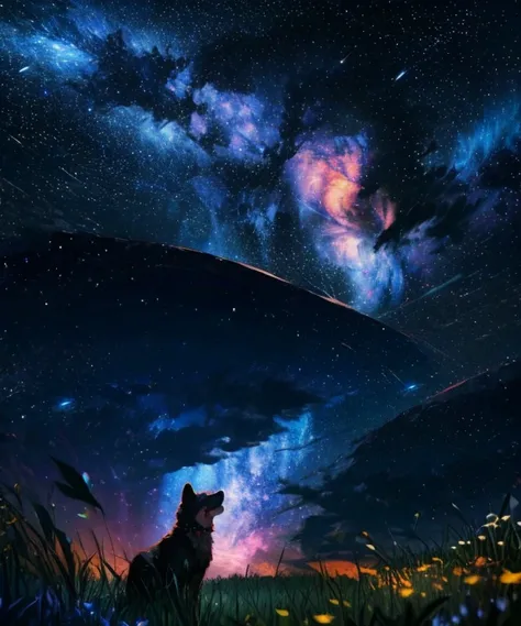 Describe a scene where a cute black and white dog is lying on a grassy hill, Looking up at the starry sky. Surround her with colorful nebulae and her favorite constellations.