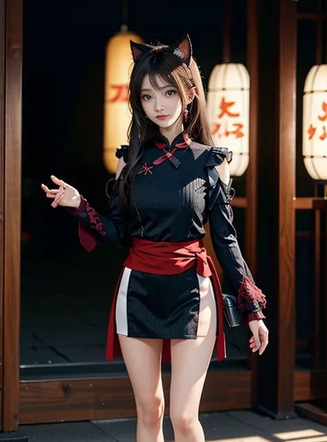 Close-up of a girl，Black hair，Cat mask，Jade is tied around the waist，Red colored eyes，glowing light eyes，Separate sleeves，dress cheongsam，Cold，perfect girly body，medium breasts⁩，long legged，Cats ears，mitts，Theres a cat next door，Holding a longsword，，Separa...