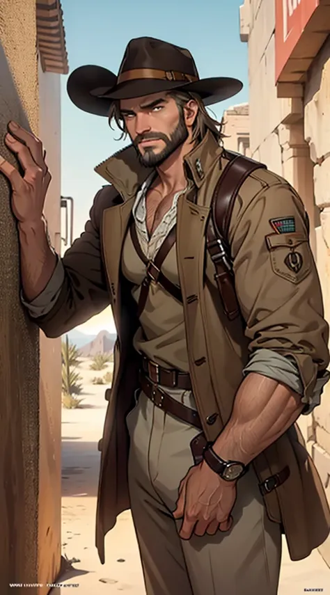 Indiana jones, desert, sunset, long brown coat, brown hair, short hair, brown eyes, whip, gun, beard, confident pose, beautifully detailed eyes, captivating gaze, vivid colors, skillfully executed lighting, studio lighting techniques bringing out the mans ...