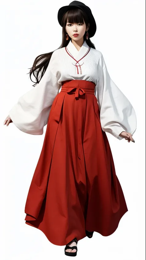 a beautiful woman in a red skirt and white shirt is standing, wearing a miko dress, realistic