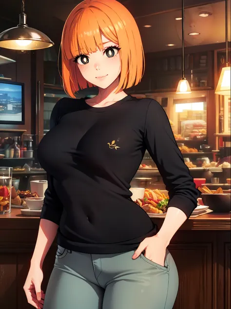 yorumac, yoru mac, short hair, bangs, (black eyes:1.5), blunt bangs, orange hair, bob cut, smile, (bright pupils:1.5),large breast, cleavage, blush
BREAK shirt, long sleeves, pants, sweater, grey pants,
BREAK looking at viewer, (cowboy shot:1.5),
BREAK ind...