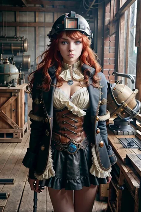 (8k, RAW photo, highest quality), beautiful girl using tools next to a desk, in a factory,  water pipe, water tank, 18 century,  red head, steampunk aviary helmet ,avairy coat, (detailed eyes:0.8), (looking at the camera:1.4), (highest quality), (best shad...