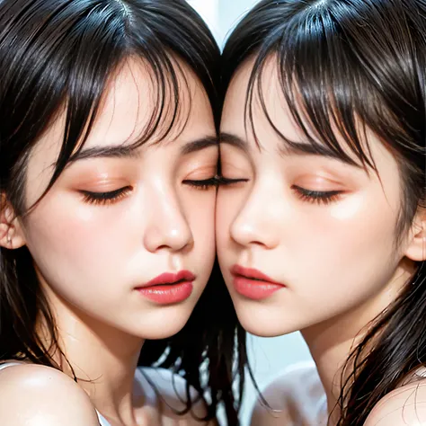 ​masterpiece, top-quality, Hi-Res,((( 2girls))), ((Yuri)), (Japanese girl and half European girl:1.8), ((the kiss:1.4)), (French Kissing), (closed her eyes:1.5), (pink brassiere)、Light Blue Bra、(Whitening skin)、long eyelashes、narrow eyes with double eyelid...