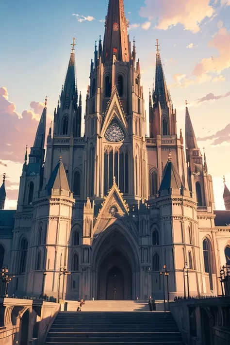 The prompt for the given theme would be:

"a grand cathedral with a prominent clock(complete with intricate details), cathedral background, church background, anime background, anime scene, grand cathedral, cathedral background!, anime background art, anim...