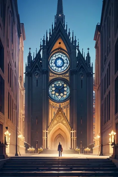 The prompt for the given theme would be:

"a grand cathedral with a prominent clock(complete with intricate details), cathedral background, church background, anime background, anime scene, grand cathedral, cathedral background!, anime background art, anim...