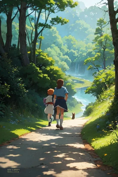 Anime scene of a boy and a girl with a dog in the forest, boromir in an anime world, Boromir in the 1980ss anime world, anime lush john 8k forest, ghibli screenshot, ghibli studio anime style, Ghibli Nausicaa of the Valley of the Wind, ghibli artstyle, kin...