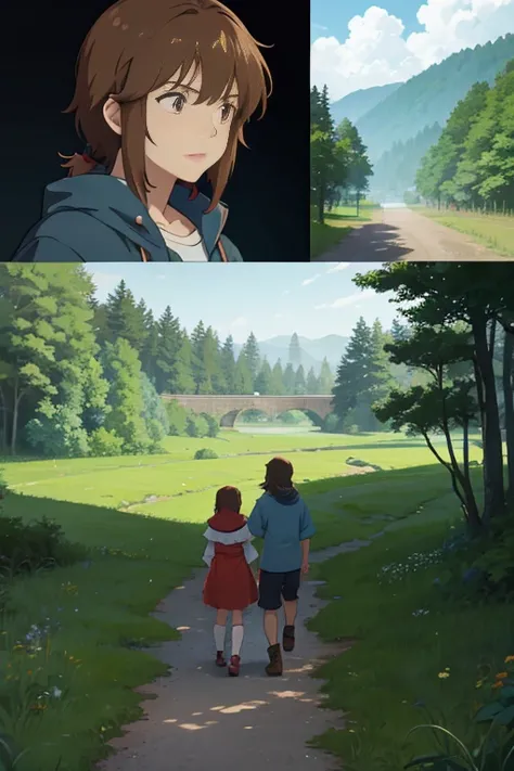 Anime scene of a boy and a girl with a dog in the forest, boromir in an anime world, Boromir in the 1980ss anime world, anime lush john 8k forest, ghibli screenshot, ghibli studio anime style, Ghibli Nausicaa of the Valley of the Wind, ghibli artstyle, kin...