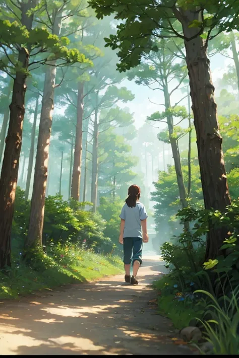 一个boy and girl with a dog in a forest in an anime scene, the anime world of Boromir, Boromir in the 80s, lush forest in an 8k resolution, a screenshot from Studio Ghibli, Studio Ghiblis anime style, Ghiblis Nausicaä of the Valley of the Wind, Ghiblis artis...