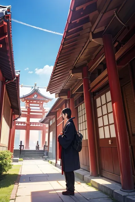 Anime scene of a man standing in front of a red building, Inari Shrine, shrines, A Japanese shrine, japanese temples, anime scene, japanese temples, a temple background, a temple, Kuro anime screenshots, in style of kyoto animation, in front of a temple, b...