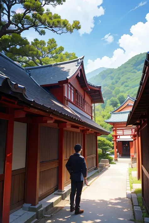 Anime scene of a man standing in front of a red building, Inari Shrine, shrines, A Japanese shrine, japanese temples, anime scene, japanese temples, a temple background, a temple, Kuro anime screenshots, in style of kyoto animation, in front of a temple, b...