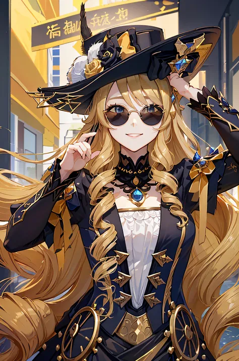 (hyper detailed background, top-quality、4k、wear a big hat、golden hair、wear sunglasses、touch your black sunglasses with your righ...