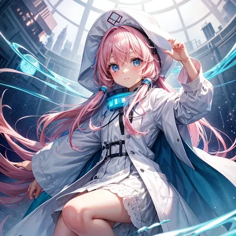 Manteau blanc、scientist、A girl with pink hair and light blue eyes