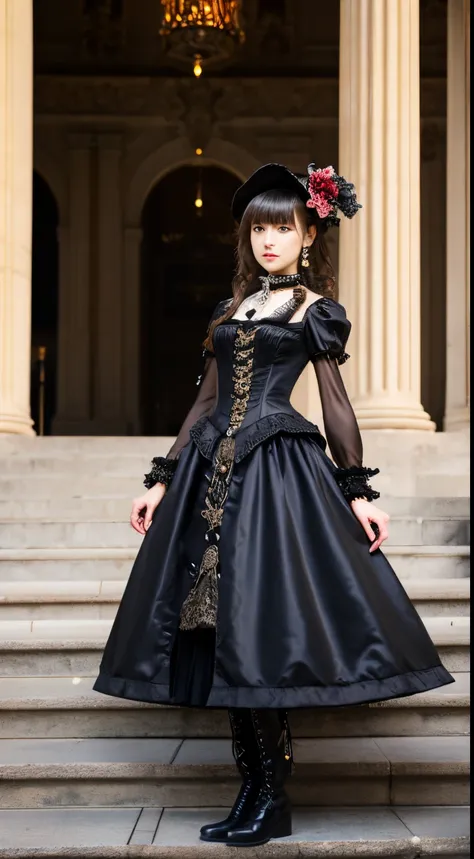 A woman in a dress and boots is standing in front of a building, baroque dress, in detailed steampunk dress, an elegant gothic princess, victorian gothic lolita fashion, Historical Baroque Dress Dark, black gothic lolita dress, fantasy style clothing, roco...