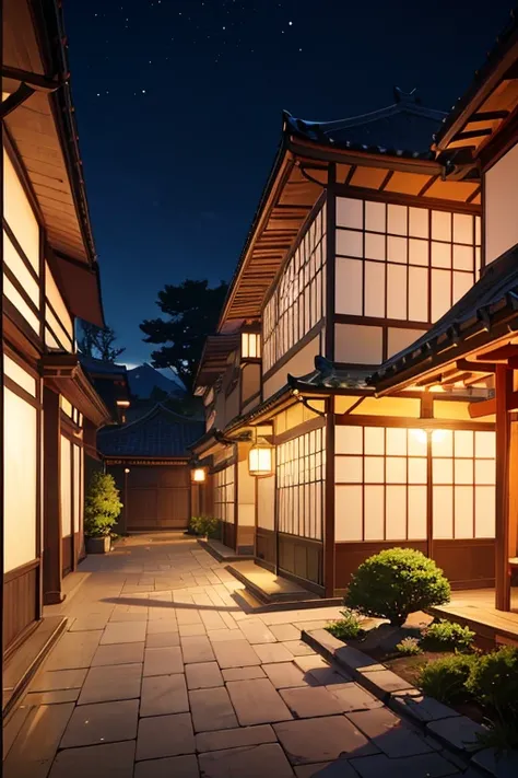 Night view of house with courtyard and garden, night village background, jpn. Volumetriclighting, Shen Haicheng, anime movie backgrounds, anime backgrounds, in style of kyoto animation, Movie lights at night, movie night scene lighting, screenshot from the...