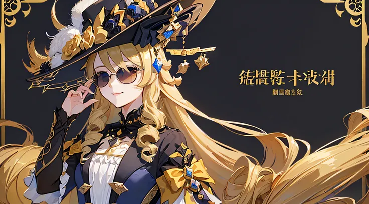 (hyper detailed background, top-quality、4k、wear a big hat、golden hair、wear sunglasses、touch your black sunglasses with your righ...