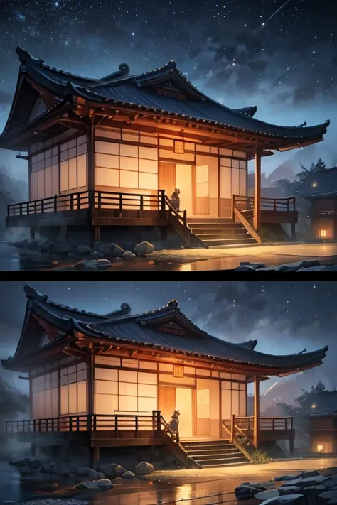 (best quality,4k,8k,highres,masterpiece:1.2), ultra-detailed, (realistic,photorealistic,photo-realistic:1.37), Japanese house with courtyard and bench, Zen temple backdrop, starry sky environment under moonlight, Japanese temple, mysterious temple setting,...