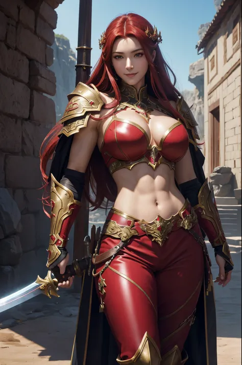 8K,Close-up of a goddess with a sacred sword, gorgeous big chest chest armor, Sexy super beautiful woman(Like the real thing)Goddess of battle,slender body,Muscular macho,A charming smile,Has a large and luxurious holy sword,beautiful long red hair,strongl...