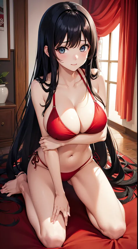 (Best Quality:1.3)、1girl in、Colossal tits、Red bikini、Kneeling、Long Black Hair、Shyness、Cute anime illustration、Kamimei、