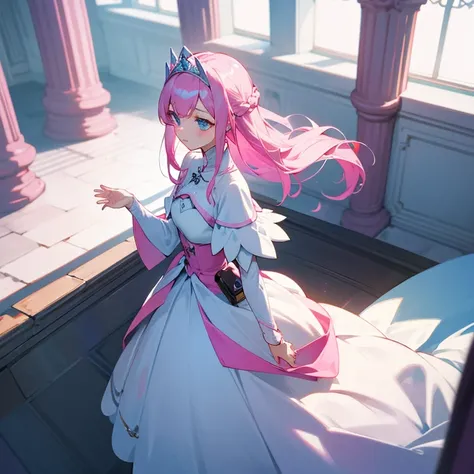 Dress appearance、diadems、A girl with pink hair and light blue eyes。Corridors of the castle