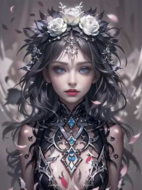 weddingdress、Young children、１２age、Balance the eyes、and blemish-free skin、upper body closeup、Vampires、russian vampire、Black and white、sluttish,barechested.Symetrical, artistic, close up, all her clothes are torn、  Yin, eyes focus, , Exposed skin, Exposed bo...