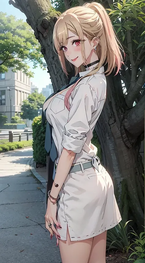 MarinLora, 1girl, (back 1.5), long hair, blush, smile, blonde hair, shirt, red eyes, jewelry, school uniform, white shirt, pink hair, earrings, outdoors, necktie, choker, collared shirt, nail polish, arm up, bracelet, tree,, black choker, piercing, ring, e...