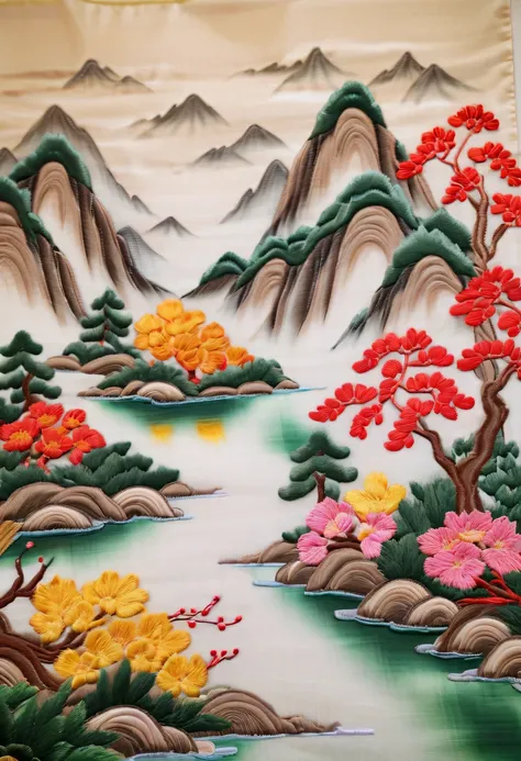 Draw an embroidery work，Landscape embroidery，Chinese clothing design，Silk fabric，