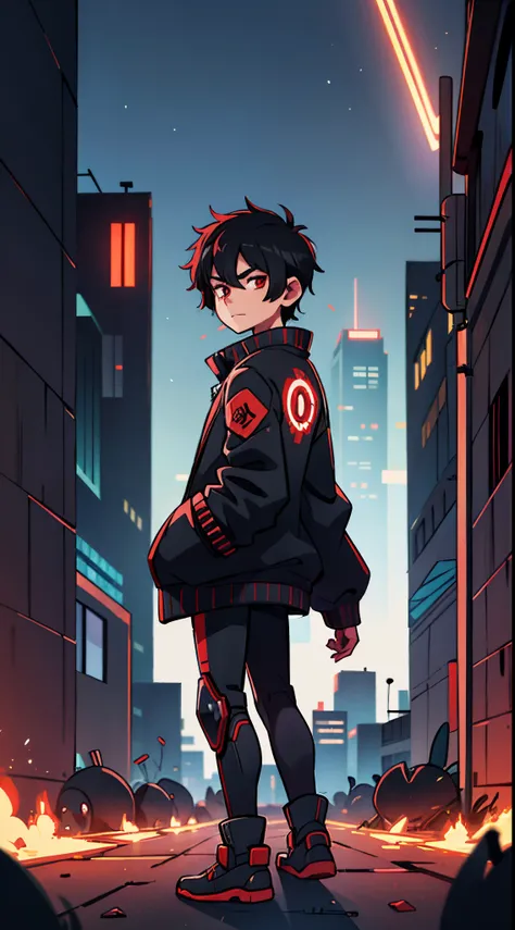 1 male black haired , black jacket, red eyes , looking back, night time, in cyberpunk city