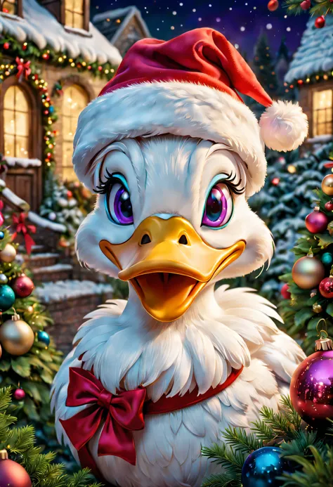 Daisy duck wearing santa hat, Surrounded by a garden filled with Christmas decorations, Vibrant flowers, and colorful lights. Beautiful and delicate eyes and lips, long eyelasher. The scene is depicted in traditional illustration medium, Capture the whimsi...