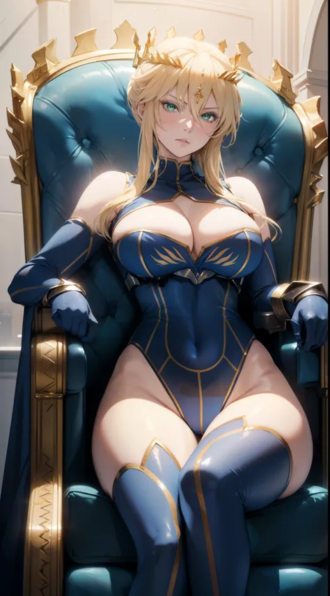 Lancer Artoria, elegant adult female, blonde, green eyes, yellow eyelashes, crown, turtleneck, cleavage cutout, sleeveless, blue leotard, elbow gloves, gauntlets, blue thigh, elegantly (sit on throne), throne room, high resolution, extremely detail 8k cg.