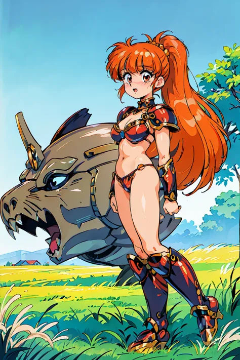 "(masterpiece:1.1), best quality, 
1girl, (80s anime style:1.3), (eyelashes:1.5), 
(intricate high detailed body:1.2), 
(orange hair:1.1), (blunt bangs:1.1), (ponytail:1.1), (hair ornament:1.1), 
red eyes, 
(curvy body:1.1), (gigantic breasts:1.1), 
(shy:1...