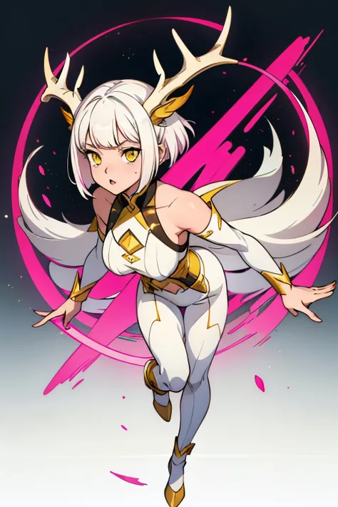 cute girl, White hair, White hair cut in the front , cropped bangs, Spinning horns, Beautiful yellow eyes, Pink cheeks, Deer antlers,sexy, full body