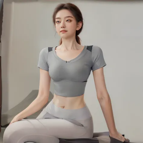 tmasterpiece, Best quality, realistically, 
empire, Yoga short sleeves, 1 sister, white short sleeve, Alone, , Brown hair, white  shirt,  Background with, Long gray hair, messy  hair, shut up, Yoga pants, shoulder strap, All-over gray pants，white legwear