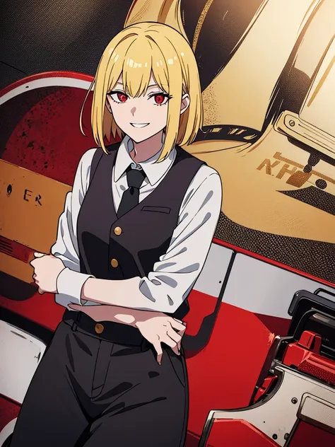 one girls,bob,Yellow hair,Button shirt,Black pants,Bloody,bloods,Black tie,chainsaw owner,Chainsaw,Red eyes,Gizatooth,Grinning face,high-level image quality,chainsaw girl,