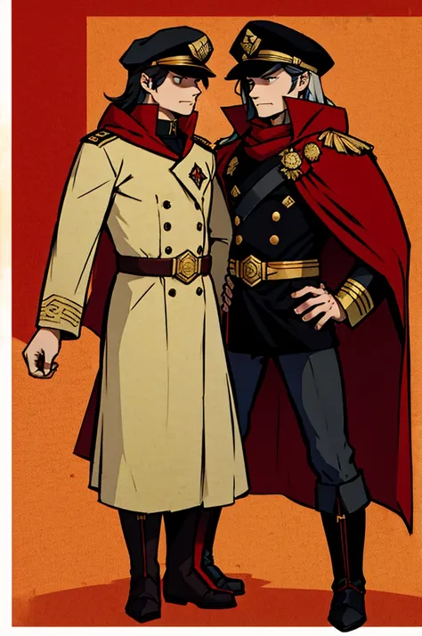 captain, black uniform, gold rank insignia, red cloak, black captains hat, black boots