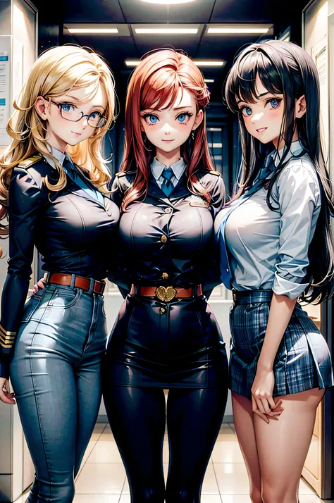 draw three different girls, the first is brunette with curls and blue eyes, the one in the middle is a beautiful blonde with wide eyes and the third from the right is a redhead with fair skin and blue eyes., the three are wearing student uniforms and looki...